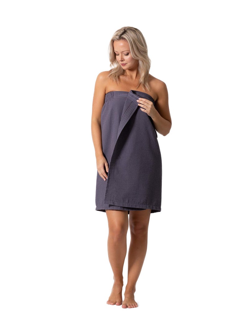 Turkish Linen Womenâ€™s Waffle Spa Body Wrap with Adjustable Closure (One Size, Gray) - Image 3